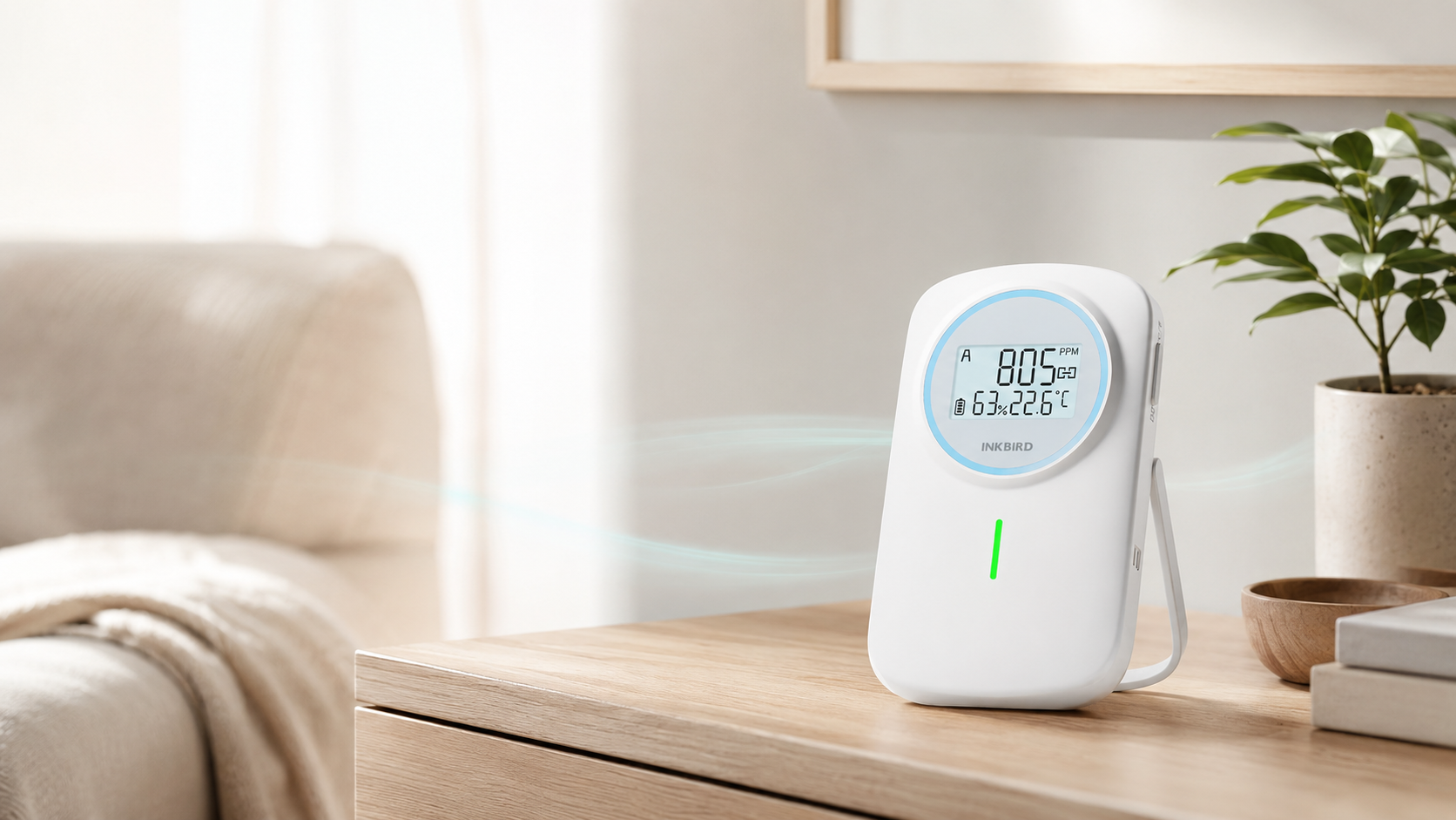 Smart CO₂-mätare i ett ljust skandinaviskt sovrum.