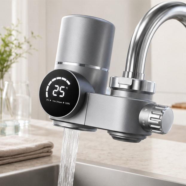 Avenoor PureFlow kranfilter monterat på en modern köksblandare med temperaturdisplay som visar 25°C.